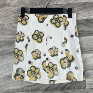 Free People Skirt Womens Size 2 White Yellow Denim Floral Print  Back Zip Denim‎
